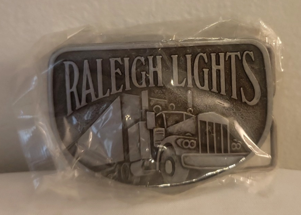 Mens Vtg Raleigh Lights Cigarettes 3.25" Belt Buckle Semi Truck NEW Pewter Color
